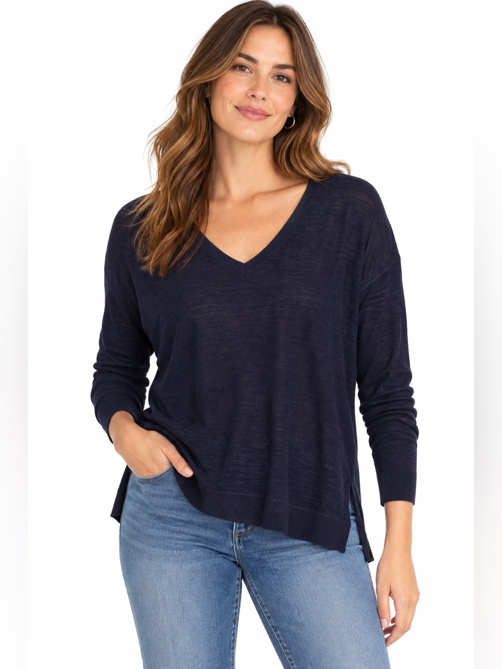 Ann Taylor Sweater Womens S Linen Blend V Neck Navy Blue Lightweight Pullover